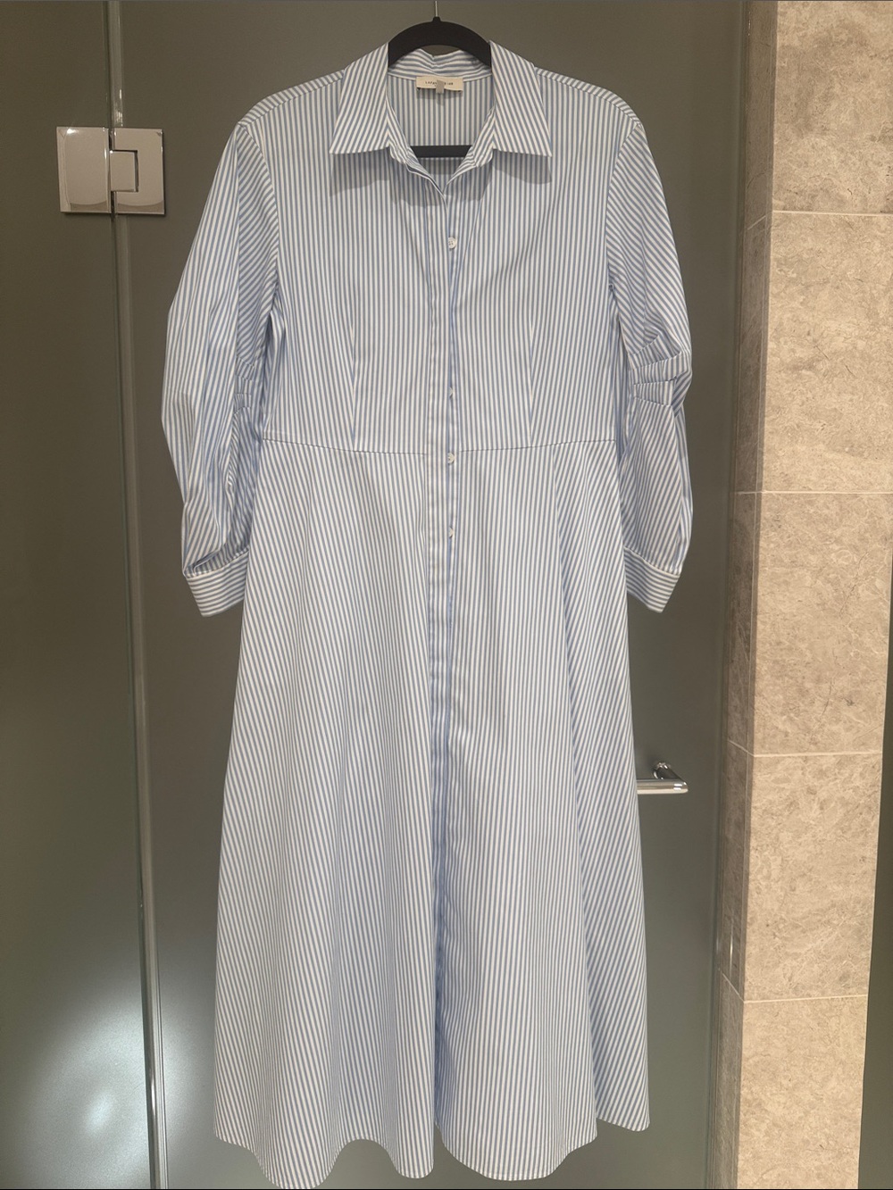Lafayette 148 New York Light Blue & White Striped maxi Shirt Dress size small